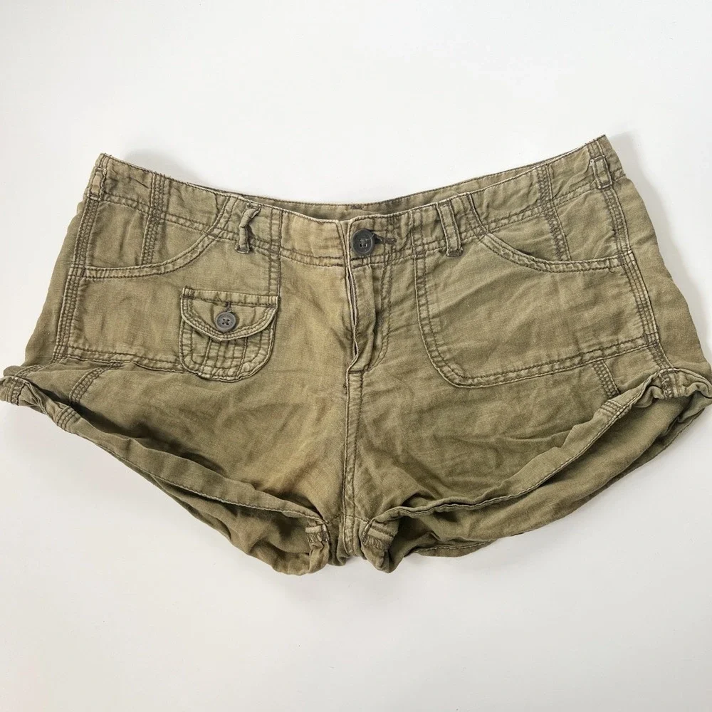Vintage Y2K Low Rise Micro Mini Shorts Linen Cotton Cargo Green Utility Hipslung